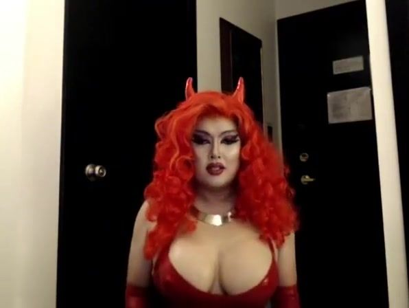 Gay Fuck Asian Drag Queen jerks in red Latex CamDalVivo - 1