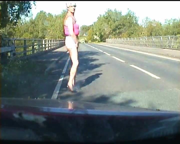 iDope Amateur crossdresser in lingerie on a road DownloadHelper - 1