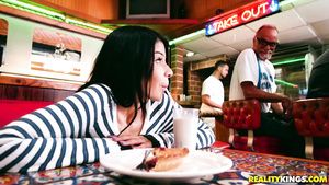 Sofa Teenage girl is sucking a big dick in a fast food restaurant Deepthroat