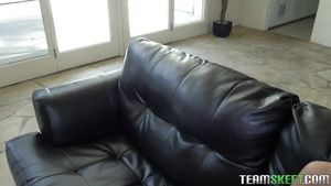 Family Taboo Lovers lie down on leather couch to get mutual orgasms Clothed Sex