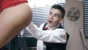 Slapping Good-looking waiter fucks blonde babe after...