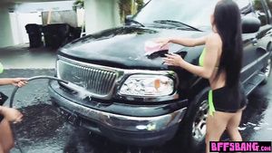 Titjob Big Bust 18-year-olds in fruity bikinis wash car and clean a knob Ohmibod