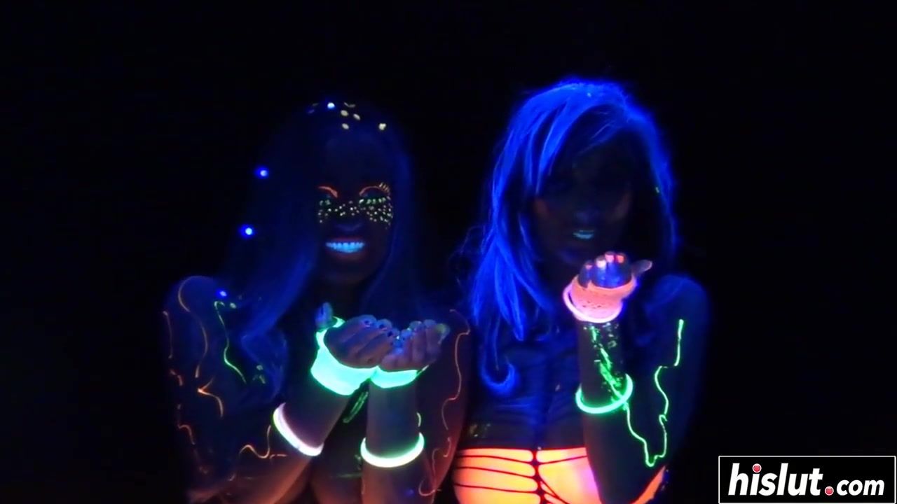 Pale Busty girls are playing with fluorescen paint and a few dildos Tenga