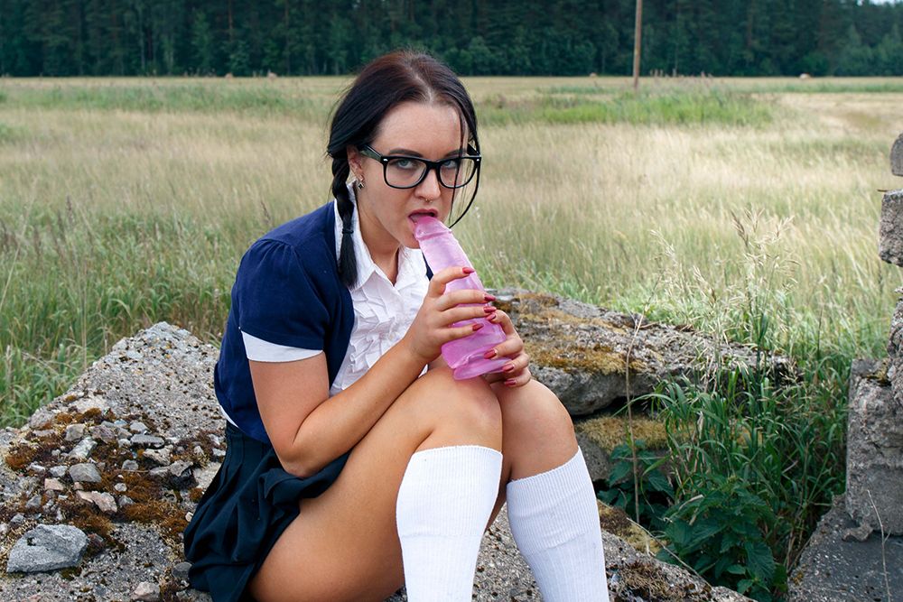 Casado Pigtailed Young schoolgirl Outdoord with big pink dildo toy GotPorn