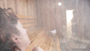Group Obese darkhaired gets humped by shemale in sauna Straight