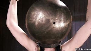Hot Milf Bald bitch with hands and head in metal balls Brunettes