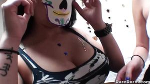Tranny Young beauty chicks are making masks and sharing one big cock Love