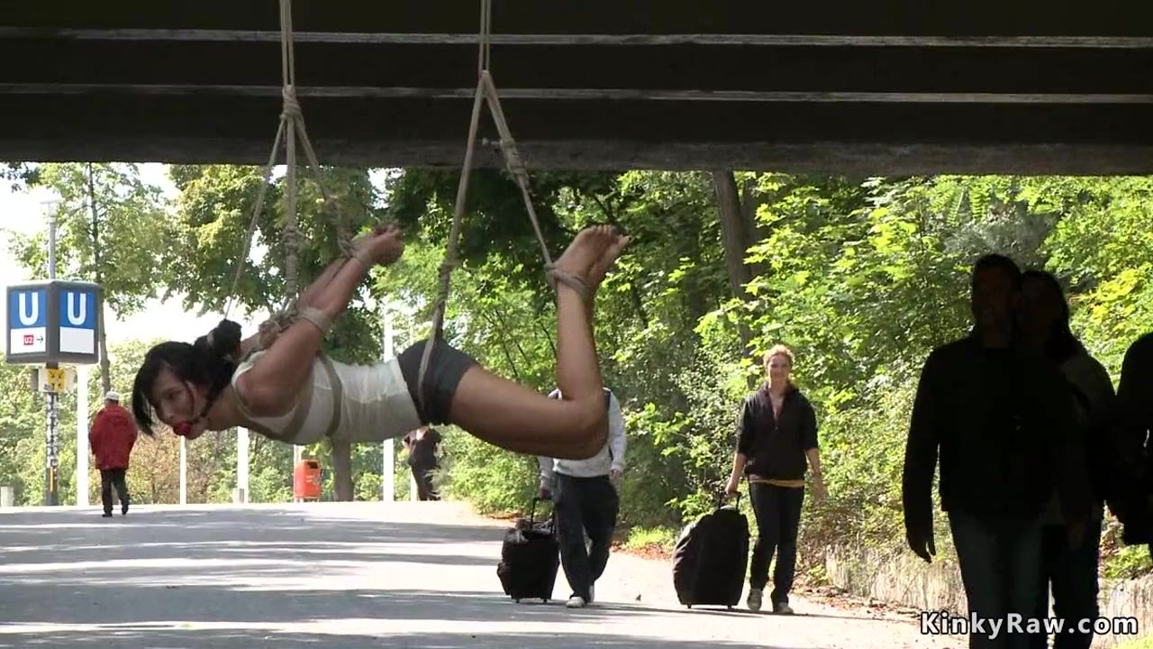 Boobs Hot suspended from a bridge in public Footworship