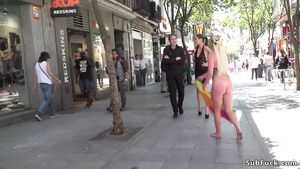 Porno Painted body buxom blonde disgraced in public Nudist