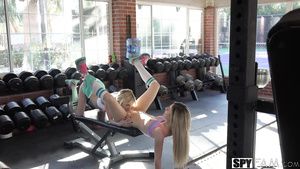 Glasses Two petite teens have threesome with a grown man in the gym. DigitalPlayground