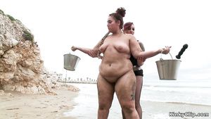Salope Supersized Big Beautiful Women bitch takes lezom on the beach Footjob slave