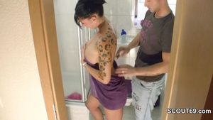 Big Dildo Hot tattooed MILF gets creamy cumshot over her boobs Futanari