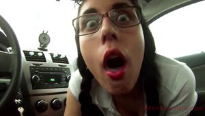 Street Fuck Amateur brunette schoolgirl in eyeglasses masturbating outdoors in her car Letsdoeit