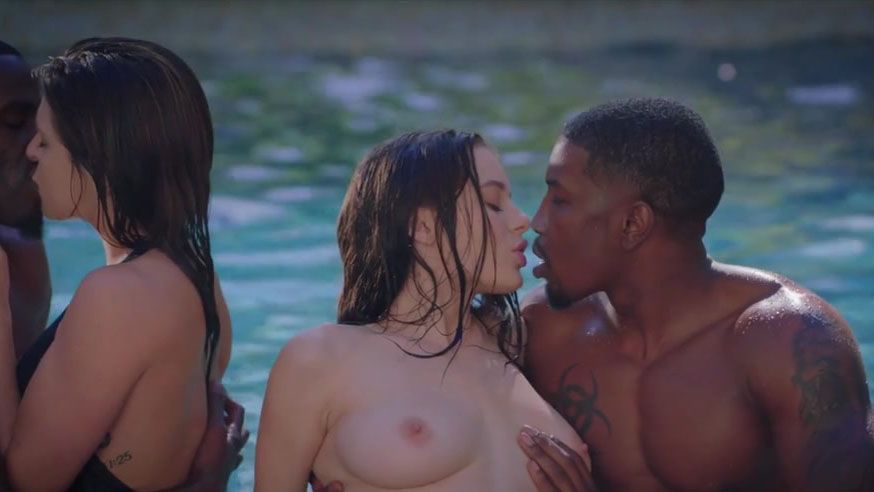 X18 Two shameless white girls sucking off two black guys in the pool Sexy Girl Sex