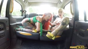 Rough Fucking Lucky fake taxi driver enjoys crazy handjob on his working place! Lesbos