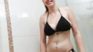 BootyTape Wet bikini blonde washing her 34DD tits in the shower in solo scene IAFD