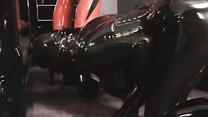 Lingerie Dominant lesbian in latex red suit strap fucks submissive girl and rides her face Girl Fucked Hard