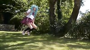 Cartoonza Blue haired teen with big natural tits brings herself to solo orgasm outdoor Village