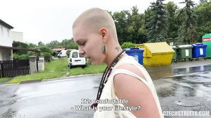 Riding Cock Baldhead and Hairless Pussy Rebel Punk Girl Outdoor Sex Wives