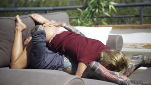AnyPorn Kinky lovers make cowgirl sex on the couch under hot sun Three Some