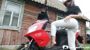 Cum Swallow Biker girl masturbates on her red motorcycle Spanking