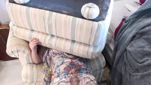 Big Ass Stepmom Is Stuck Under The Ottoman and son ejaculates over her belly New