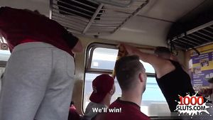 Crazy Exciting public porn: gangbang orgy on football fan bus Teenie